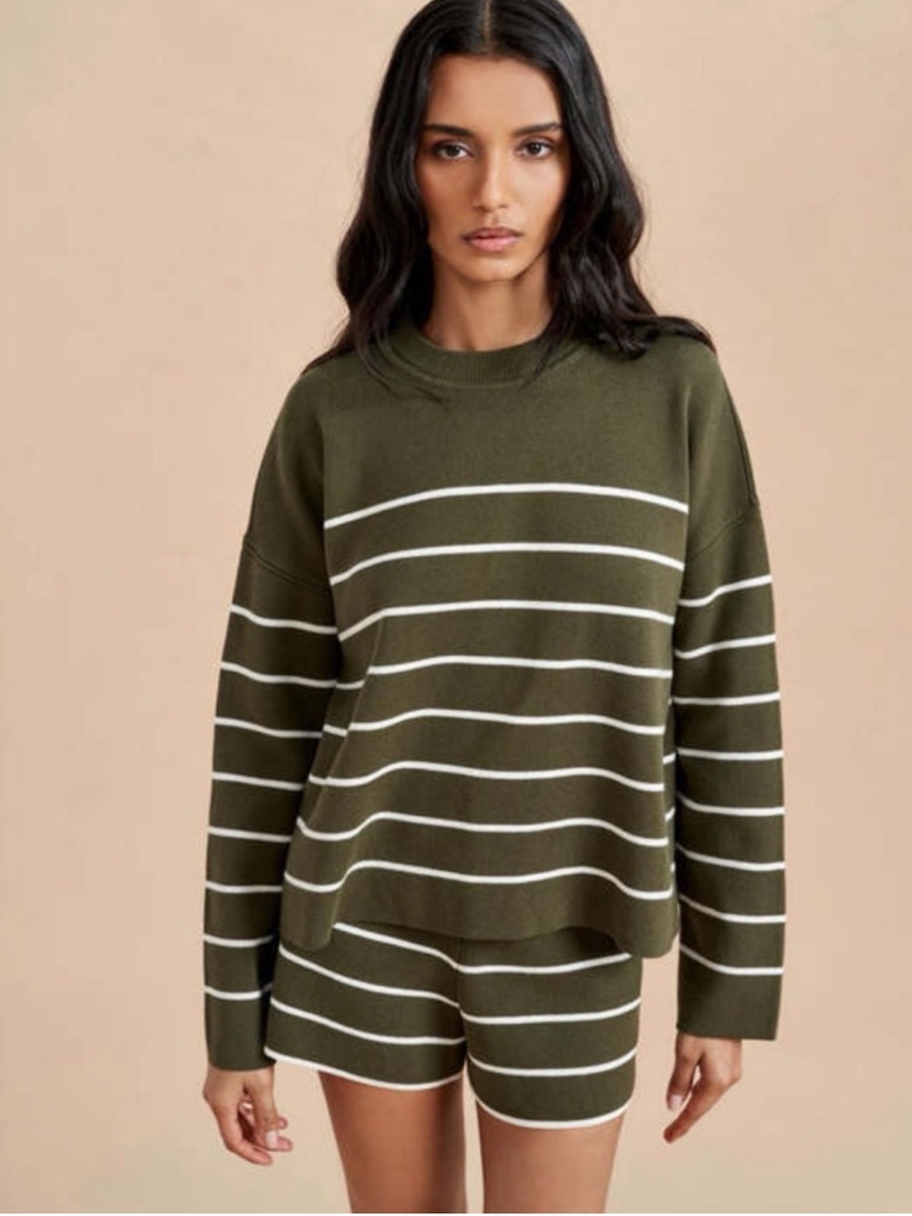 La Ligne Leo Sweater Olive Green and White Striped Crewneck Sweater